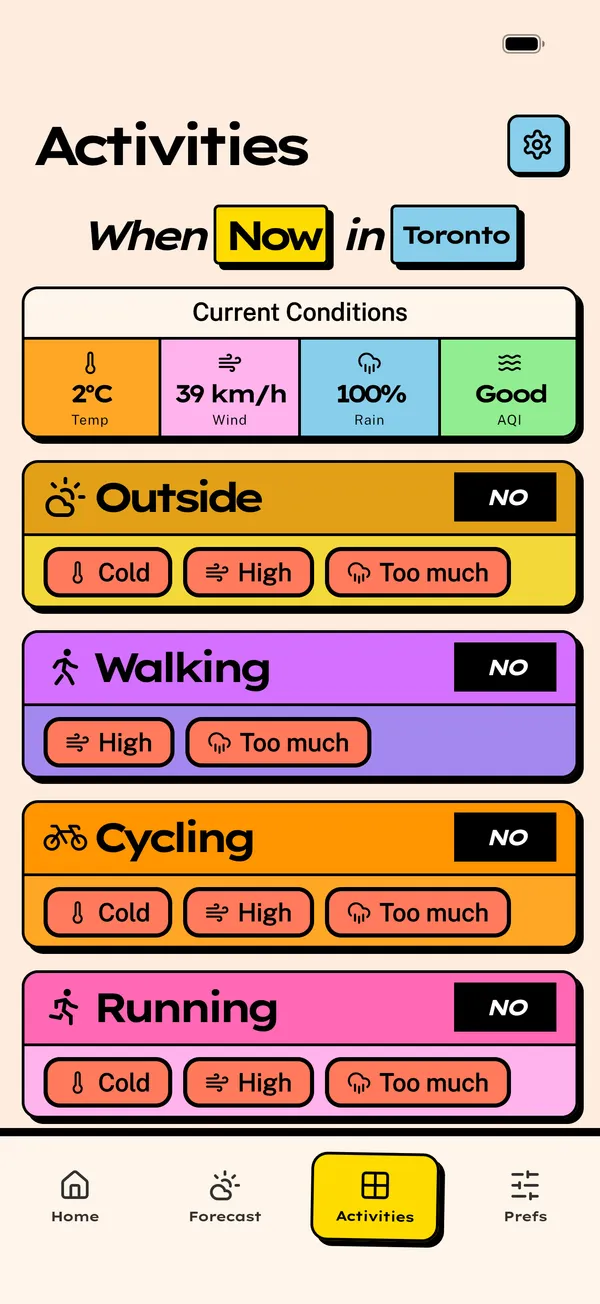Should I Go Outside app activities screen showing walking, cycling, and running with individual go or no-go answers