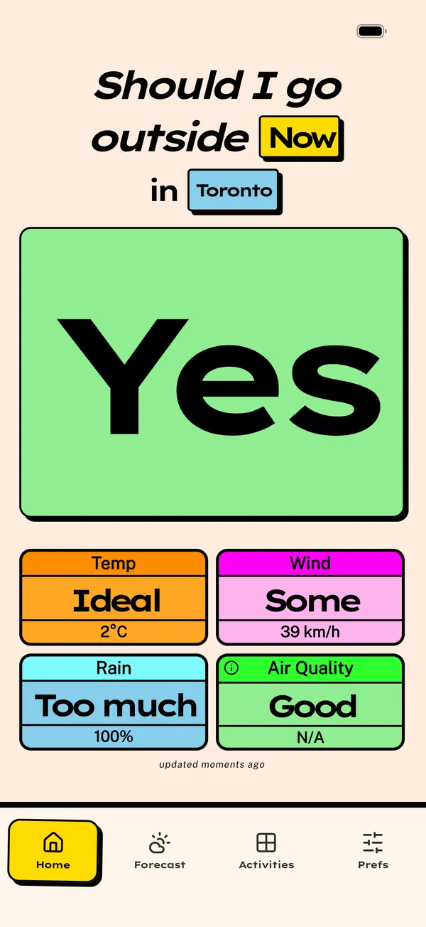 Should I Go Outside app showing a Yes answer with temperature, wind, rain, and air quality conditions