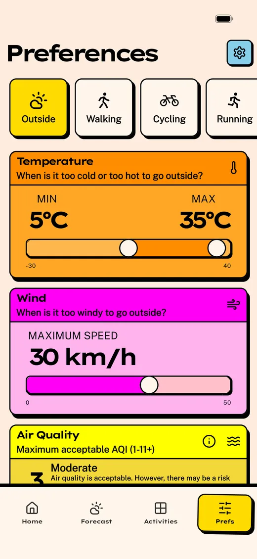 Should I Go Outside app preferences screen showing temperature, wind, precipitation, and air quality thresholds